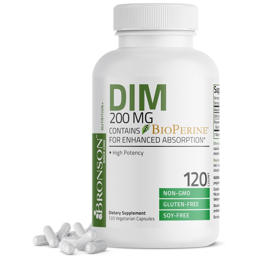 Bronson DIM Suplemento 200 MG Diindolymethane with BioPerine for Enhanced Absorption, Estrogen Metabolism & Maintains Balanced Hormone Levels, 120 Vegetarian Capsules