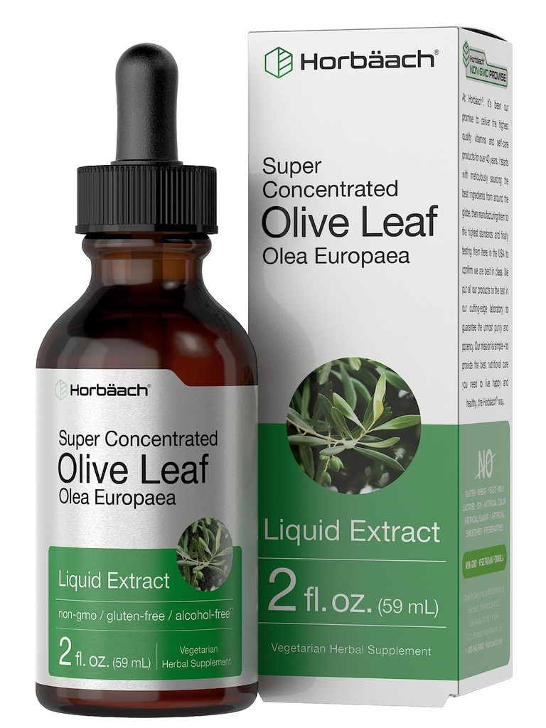 Horbäach Olive Leaf Extracto Líquido TENIDO 2 fl oz ANTE Super Strength ← Alcohol Gratis, Vegetariano, No GMO, Gluten Gratis