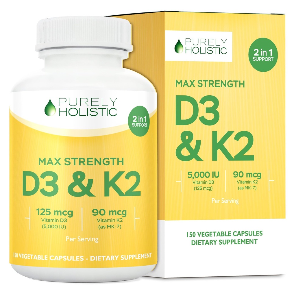 Vitamina puramente Holística D3 125mcg y Vitamina K2 90mcg MK7-4 Mes Oferta 150 cápsulas vegetarianas - Vitamina D3 & K2 Menaqunione - Cholecalciferol de alta resistencia Hecho en los EE.UU.