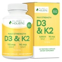 Vitamina puramente Holística D3 125mcg y Vitamina K2 90mcg MK7-4 Mes Oferta 150 cápsulas vegetarianas - Vitamina D3 & K2 Menaqunione - Cholecalciferol de alta resistencia Hecho en los EE.UU.