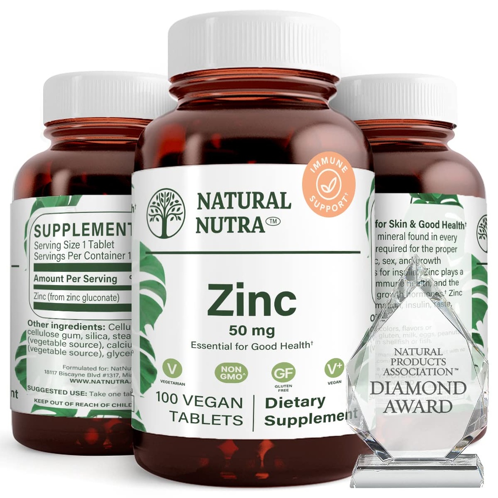 Natural Nutra Zinc Gluconate 50mg Suplemento para Immune Support, promueve la salud de la piel, proporciona la facilidad de aprendizaje de la gripe " frío " Memoria, sabor de mejora " , mezcla gratis 50mg 100 tabletas Vegan