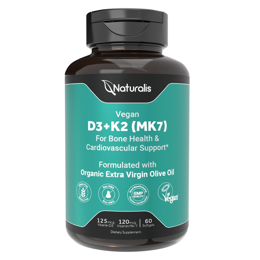 Naturalis Vegan Vitamina D3+K2 de Algae ← 5000 UI D3 con 120mcg MK7 Silencio Vegan Society Certified,Sustentably Sourced,Better Than Animal Derived ← Mejor soporte para Bone &amp; Immune Health* ← 60 Softgels
