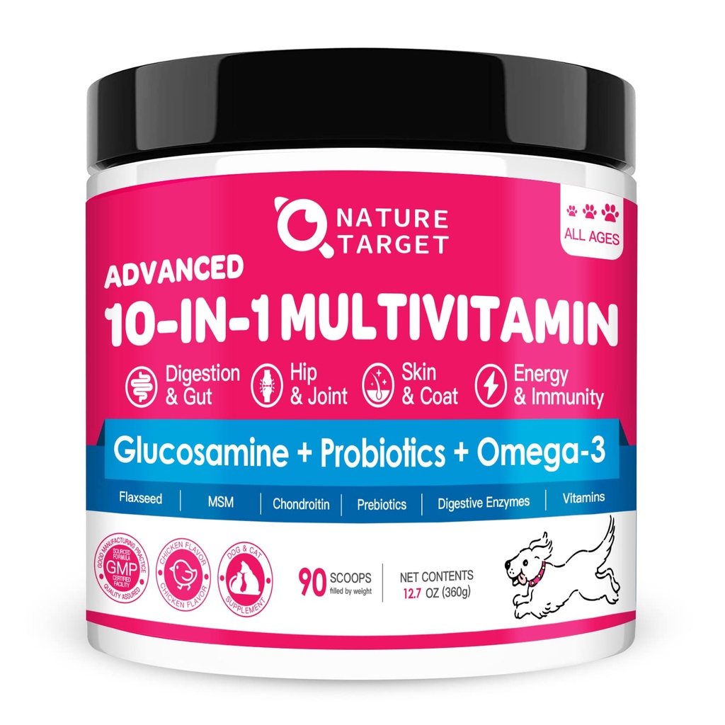 NATURE TARGET Dog Vitamins Powder, Probiotics & Digestive Enzymes for Gut Health, Glucosamine " Chondroitin " Omega 3, Suplemento completo para Homemade Dog Food, Joint " Skin " Immune Support