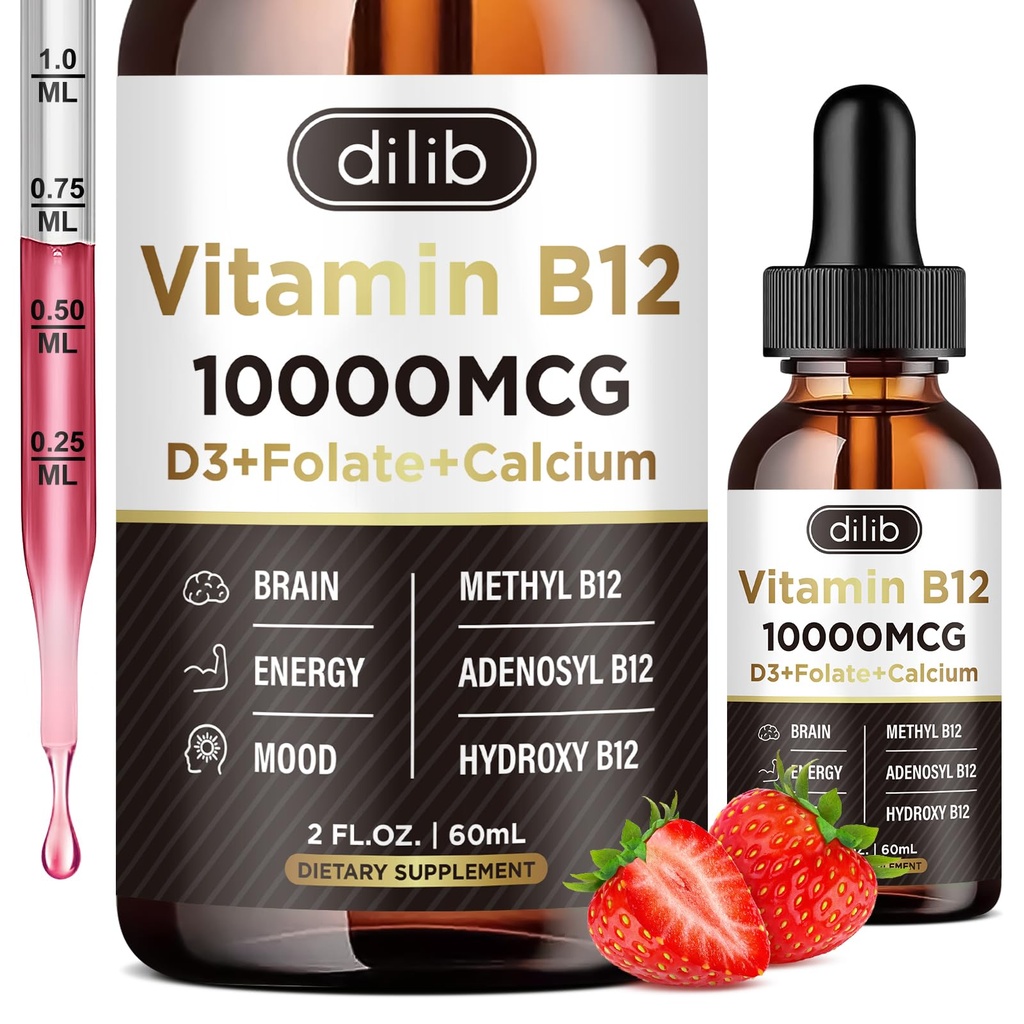 Vitamina B12 Liquid Drops Sublingual 10000 mcg, Triple B-12 Complex Supplement, Methyl & Methylcobalamin Blend for Women &amp; Men, Mood & Energy Booster, Metillated B 12 for Metabolism & Health Support