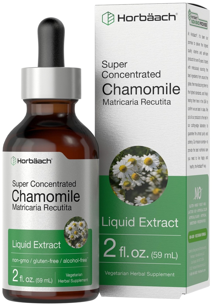 Horbäach Chamomile Extract Liquid TENIDO 2 fl oz Tincture TENIDO Alcohol Gratis TENIDO Suplemento de hierbas súper concentradas ANTE LAS gotas vegetarianas ANTE NO GMO, Gluten Free
