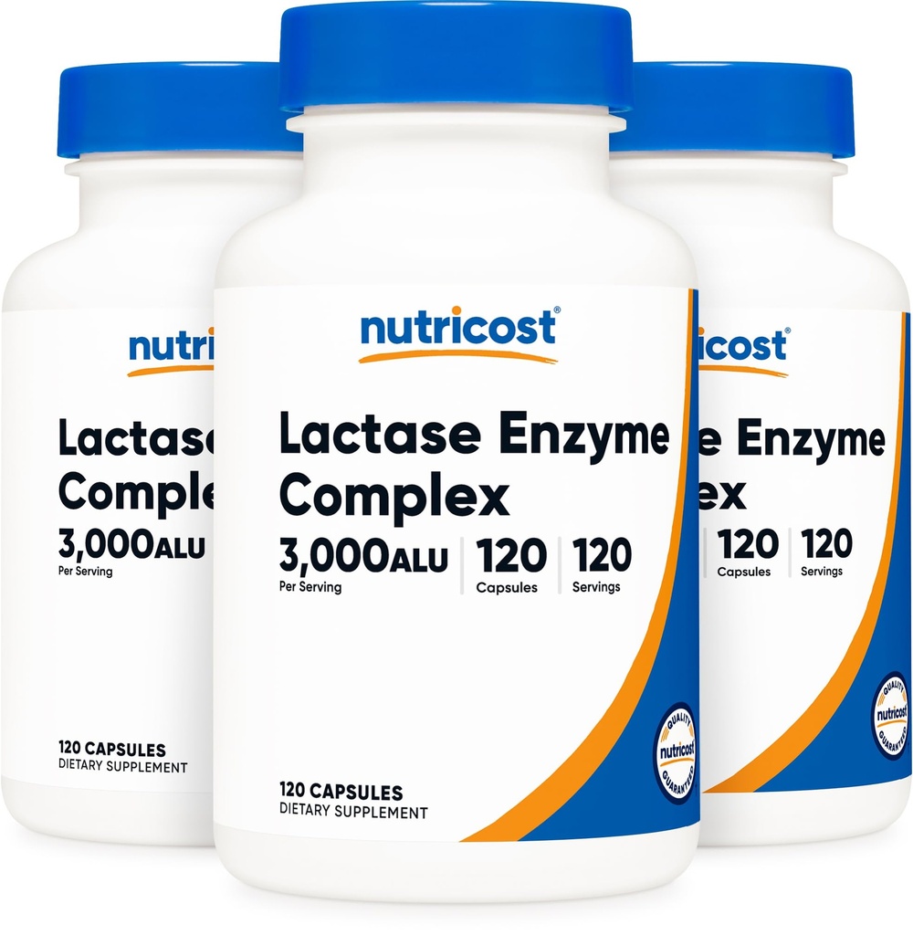 Complejo Nutricost Lactase Enzyme 3000 FCC ALU, 120 Veggie Capsules - Non-GMO, Gluten Free, 120 Servings (3 Bottles)