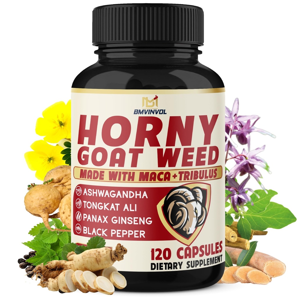 BMVINVOL Horny Goat Weed for Hombre and Women with Maca, Tribulus, Ginseng, Ashwagandha, Tongkat Ali - 120 Capsules for 4 Month Supply