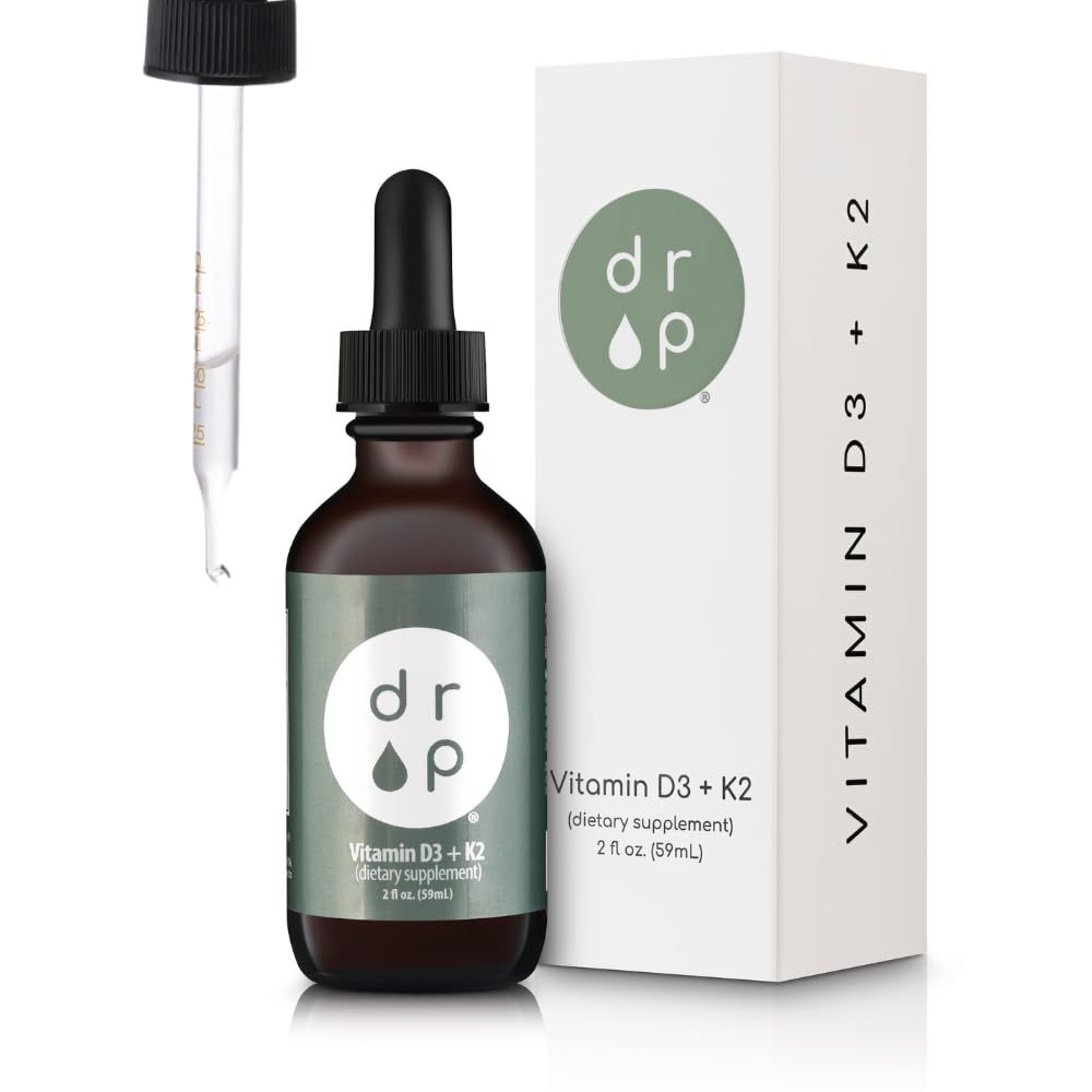 Vitamina D3 + K2 gotas con 1000 UI de D3 con base vegetal y 45 mcg de K2, 2 oz Suplemento líquido para la fuerza ósea, mejorada humedad - sin conservadores artificiales, des saboreado, con aceite de MCT de coco