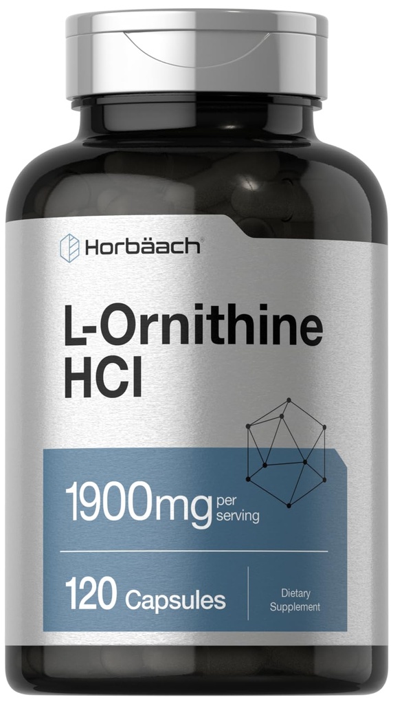Horbäach L Ornithine HCl Silencio 1900mg Silencio 120 Capsules Silencio No GMO &amp; Gluten Suplemento gratuito
