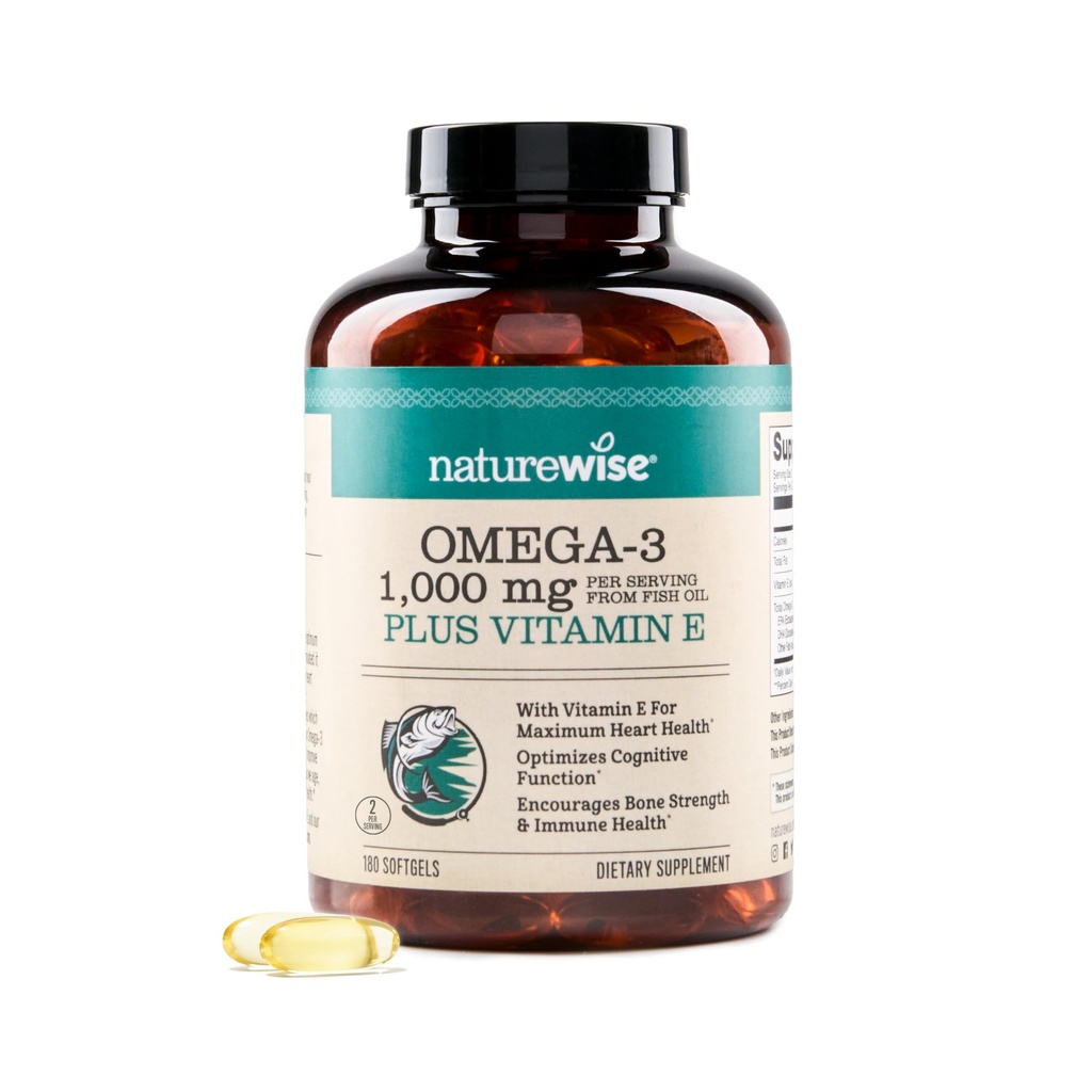 NatureWise Extra-Strength Omega 3 Fish Oil Suplemento - 1000mg por Serving - 600 EPA &amp; 400 DHA y Vitamina E - Apoyo para la salud del corazón y del cerebro - Lemon Flavor, GMO-Free - 180 Softgels[3-Month Supply]