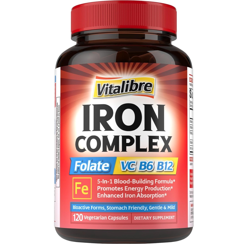 Suplemento de hierro para hombres y mujeres, con vitaminas C, B6, B12 &amp; Folate for Iron Deficiency, Blood Building " Energy Support, Stomach Friendly, Better Absorption, Non-GMO,No Gluten,120 Vegan Caps