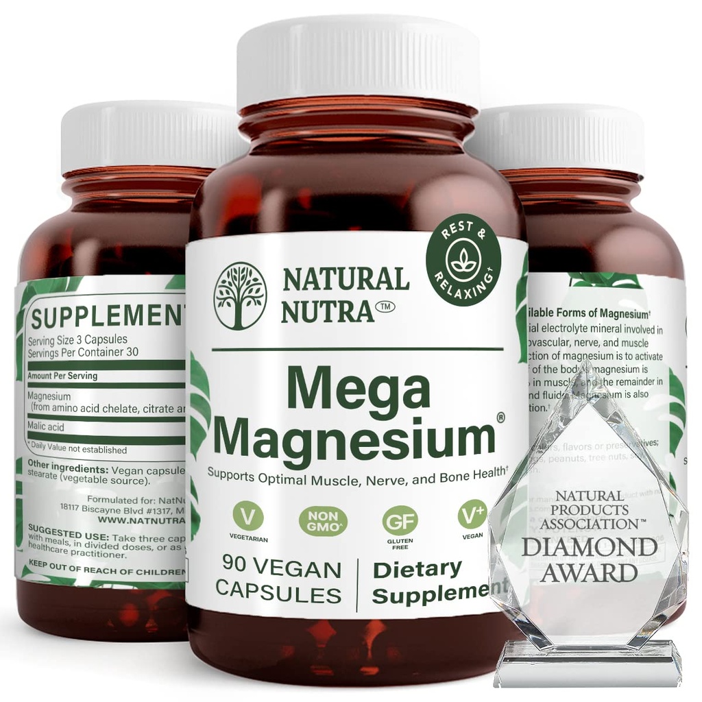 Natural Nutra Mega Magnesio 400mg Suplemento - Alta Absorción Amino Acid Chelate, Mejores Vibes, Citrate, Malate Blend para el Crecimiento del Musculo, Bone Strength, Heart Health, Nerve Support - 90 cápsulas