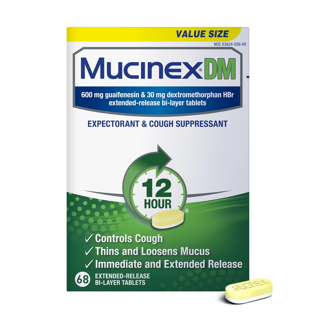 Mucinex DM 12Hr Chest Congestion " Cough Medicine for Adults, Cold And Cough Medicine for Excess Mucus Relief, 600 mg Guaifenesin " 30 mg Dextromethorphan HBr, 68 Bi-Layer Tablets