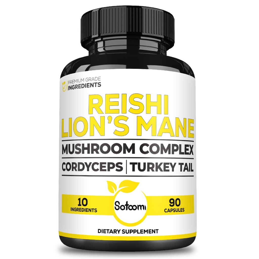 Satoomi Reishi Suplemento Complejo 5000Mg - 10in1 Combinado con Lions Mane, Cordyceps Sinensis, Chaga Mushroom &amp; Otros - 90 cápsulas para 3 meses