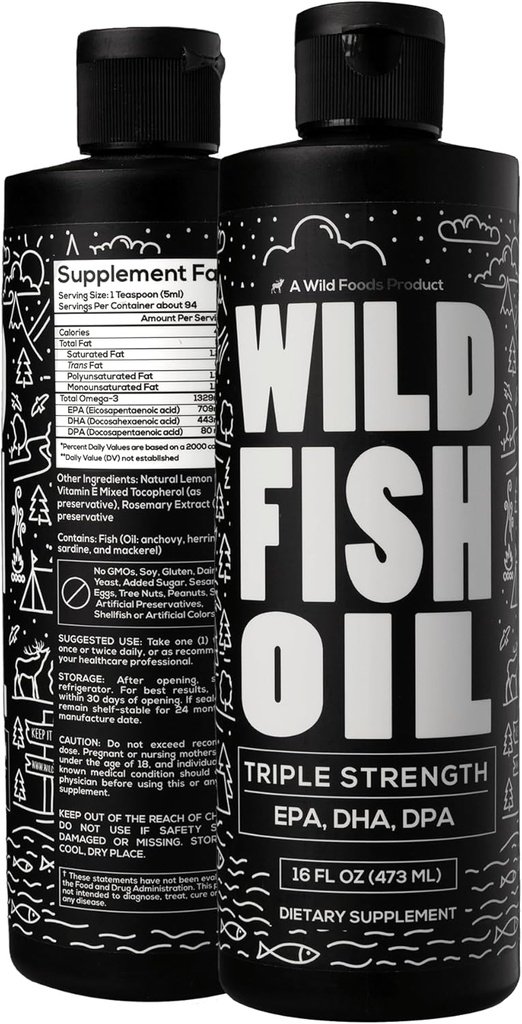 Alimentos silvestres Omega 3 Suplemento de aceite de pescado, Lemon, 16 oz (2 pk) ← Wild Caught, Burpless, Odorless, Non-GMO, Gluten Free ← DPA, DHA, EPA Triple fuerza Omega-3 Nutrición para hombres y mujeres