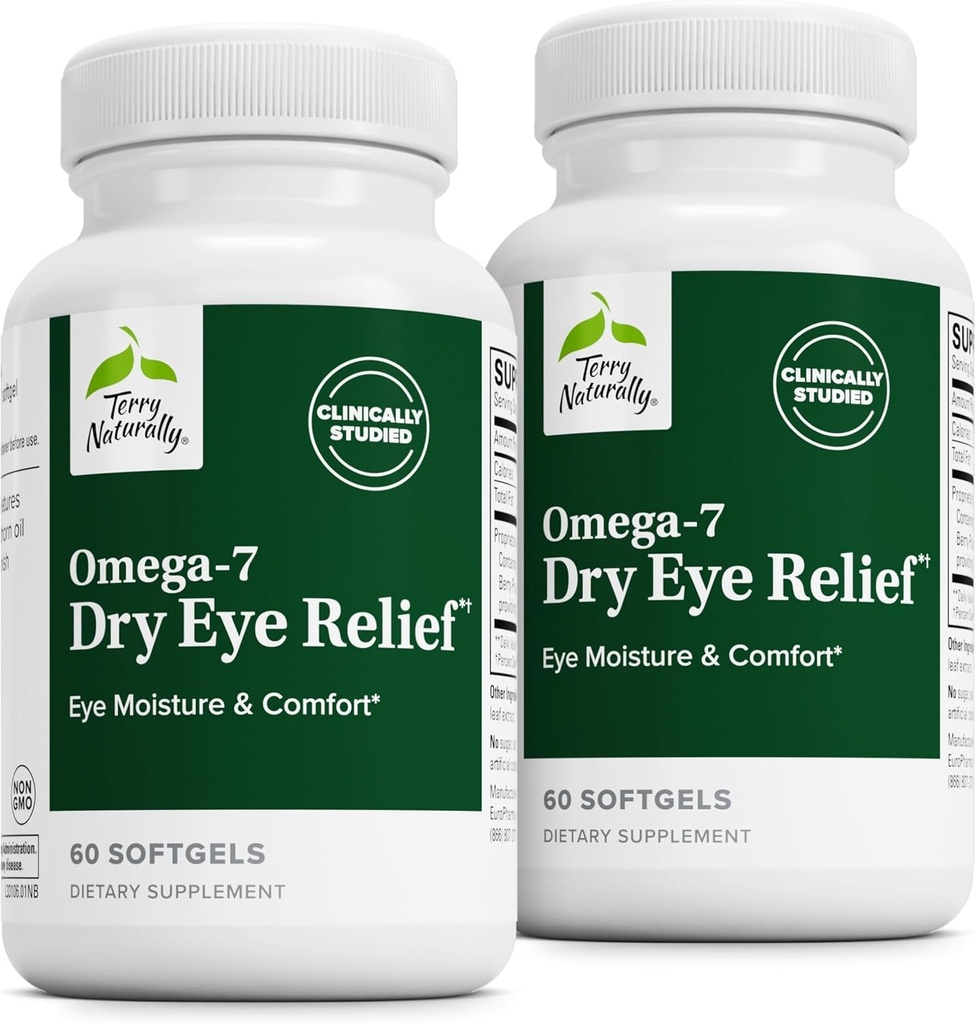 Terry Naturalmente Omega-7 Dry Eye Relief - Suplemento de salud de ojos con aceite de semilla de Buckthorn - Suplemento dietético para ayudar a aliviar los ojos secos - 60 Softgels, 2 Pack