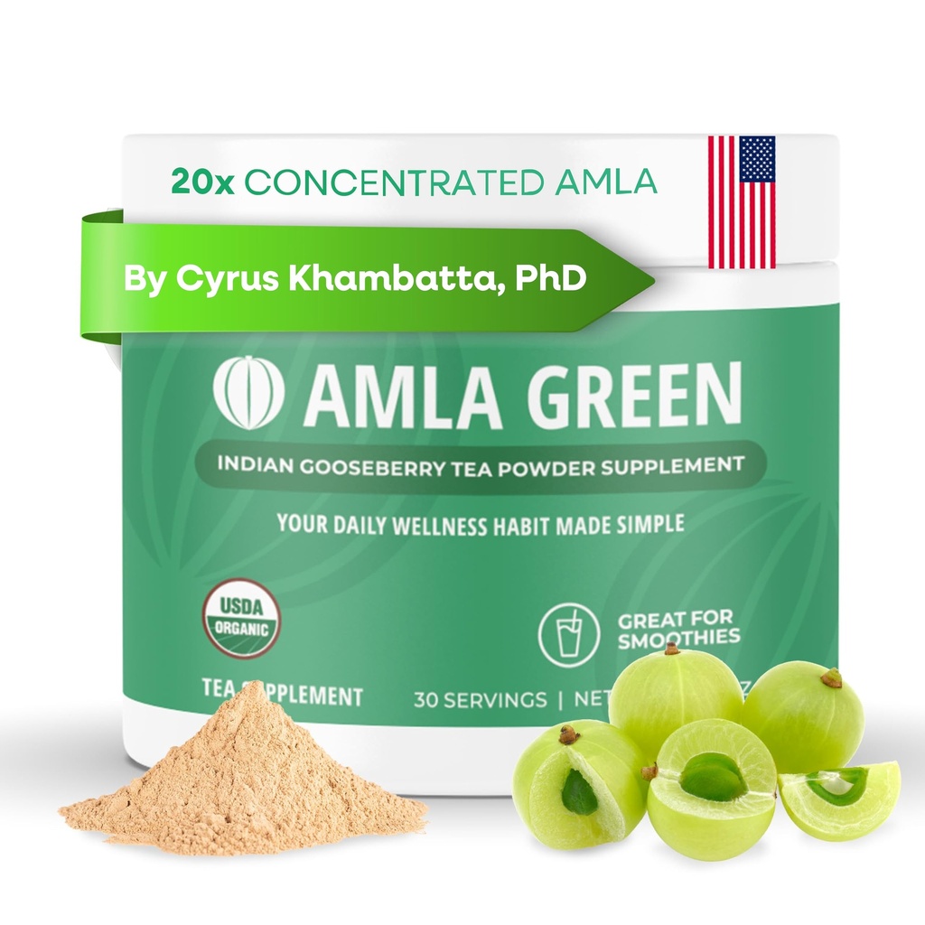 Amla Powder &amp; Green Tea Superfood Supplement, 20x Ultra Concentrated Amla, Antioxidant Support, Made with Oolong Tea and Indian Gooseberries, Organic, Vegan, Classic Flavor, 30 Servings