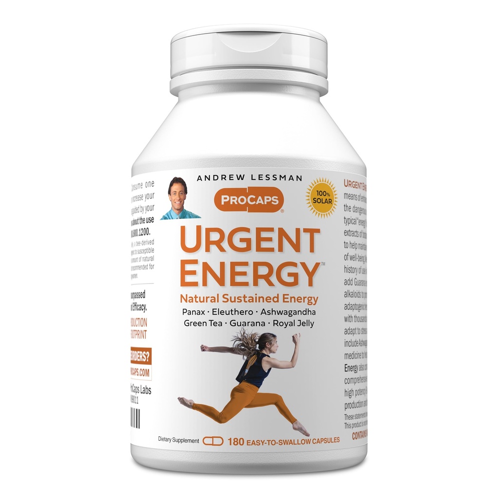 ANDREW LESSMAN Urgent Energy 180 Capsules - Proporciona un medio seguro y saludable de mejorar los niveles de energía y sentimientos de bienestar, té verde, guaraná, ginseng, jalea real, Ashwagandha, B-Complex