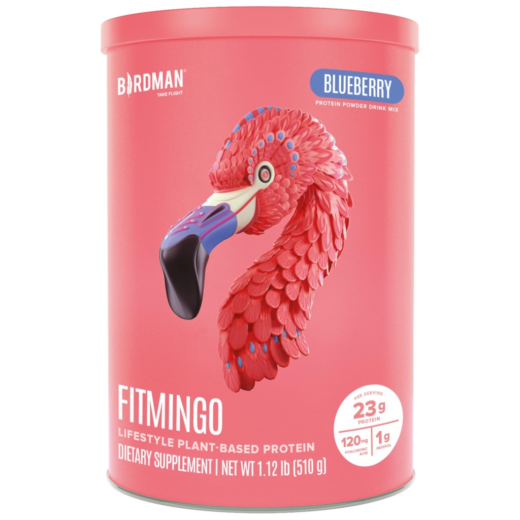 BIRDMAN Fitmingo Vegan Protein Powder con Inositol, Colagen Boosters, Acido Hialurónico y Vitaminas ANTE Bajo Carb, Dairy Free, Baja Calorie Ø 23g Planta Basada Blueberry Protein Polvo con Myo-Inositol