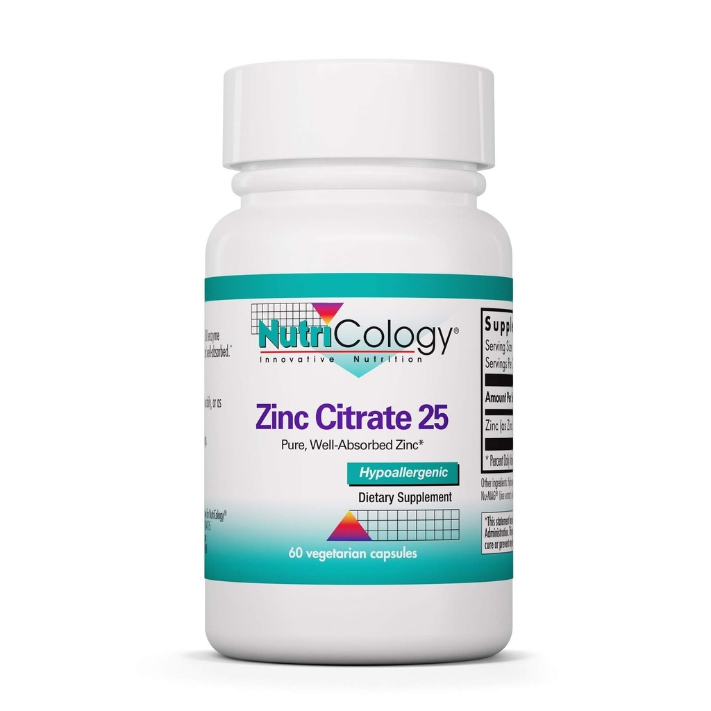 Nutricology Zinc Citrate Supplement - 25mg Zinc for Men &amp; Women, Immune Support, Pure, Well-Absorbed, Well-Tolerated, Trace Mineral, Vegetarian Capsules - 60 Cuenta
