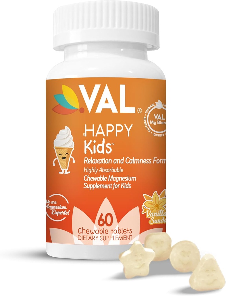 Magnesio de VAL para niños, Magnesio de alta absorción para calma, relajación, enfoque, glacinato de magnesio, citrato, Taurate Incluye vitamina B6, D, C peticion libre de azúcar, vainilla - 60 Tabletas Chewable (Pack of 1)