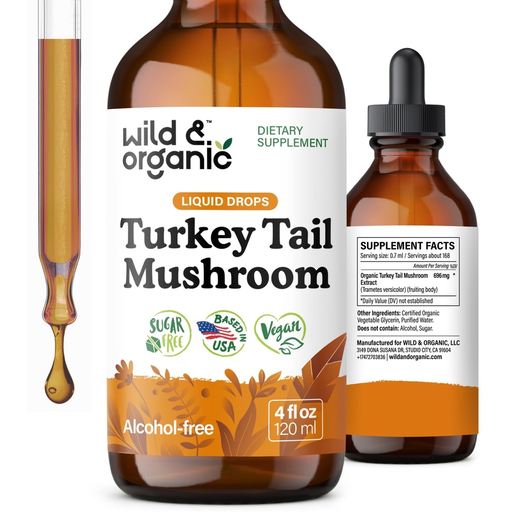 Wild &amp; Organic Turkey Tail Mushroom Tincture - Immune Support Drops with Turkey Tail Extract - Liquid Mushroom Supplement for Gut Support - Vegan, Sugar &amp; Alcohol-Free - 4 fl oz