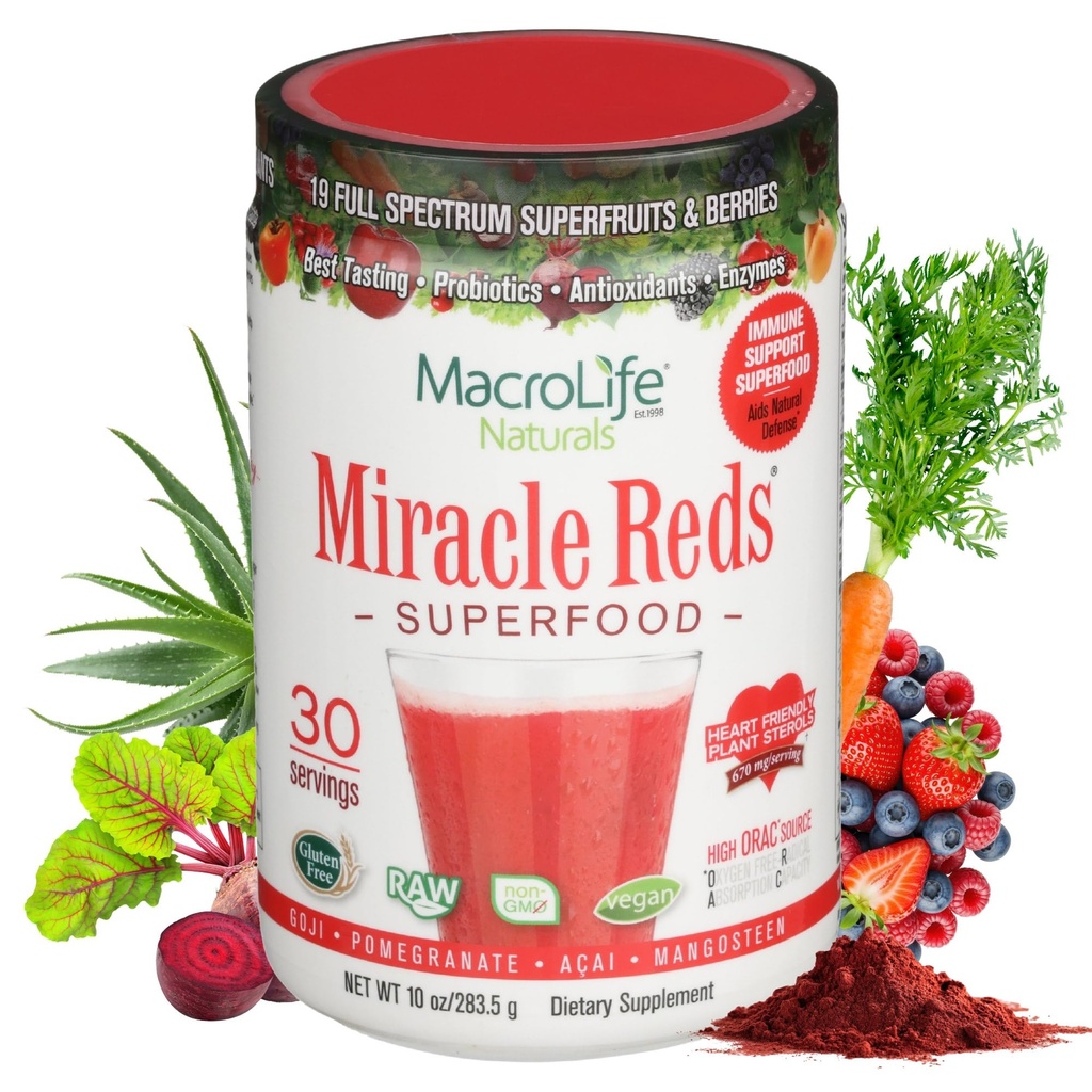 MacroLife Naturales Milagro Rojos Superalimentos Suplemento Polvo Antioxidantes Polifenoles Enzymes Probióticos - Raw Non-GMO Organic Vegan Gluten &amp; Dairy Free (30 Servimientos)