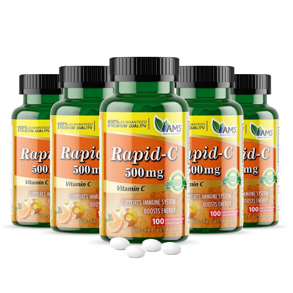 America Medic &amp; Science Rapid-C 500mg Vitamin C Supplement 500 Tablets (5 Pack of 100 Tablets) Daily Immune System Support, Antioxidant peru Vegan, Non-GMO Coated Ascorbic Acid for Adult Men &amp; Women