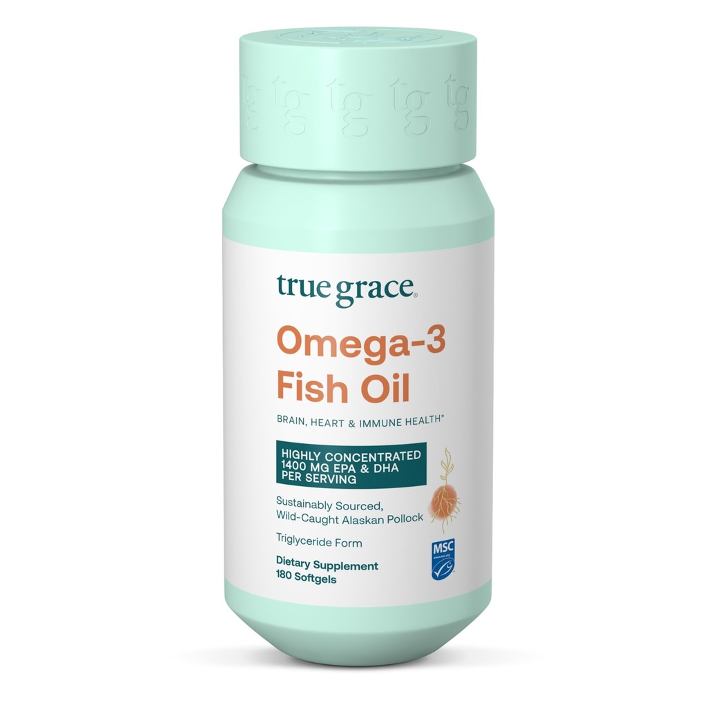 True Grace Omega-3 Fish Oil - 180 Softgels - 1400 mg EPA + DHA - Brain, Heart, Joint &amp; Immune Health - Organic, Gluten Free, Soy Free