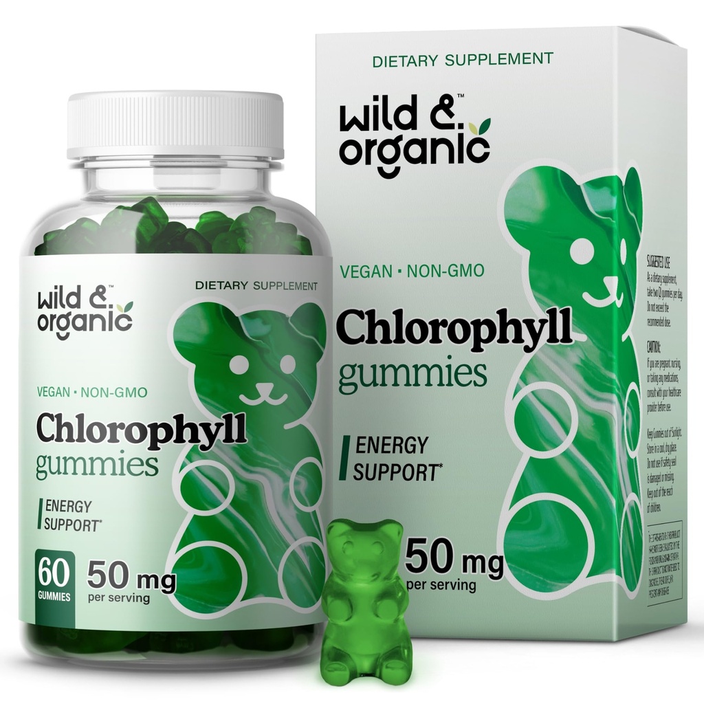 Wild & Organic Chlorophyll Gummies 50mg - Detox Cleanse Supplements w/Sodium Copper Chlorophyllin - Interna desodorante w/Chlorophyll Powder - Vegan, Non-GMO - 60 Hídboles