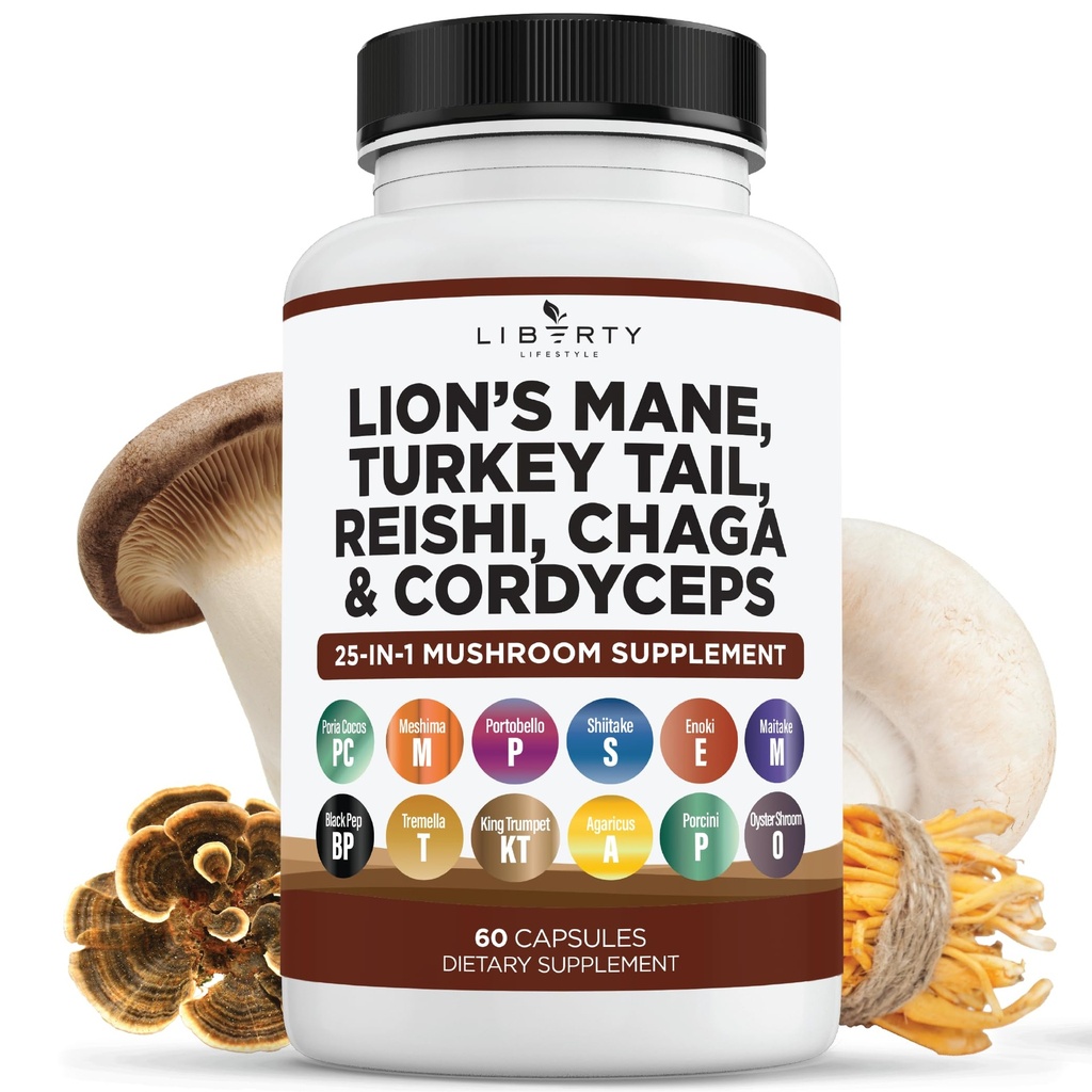 León Mane Mushroom Suplemento con Turquía Tail Reishi Cordyceps Chaga con Marshmallow Root - 1-Pack