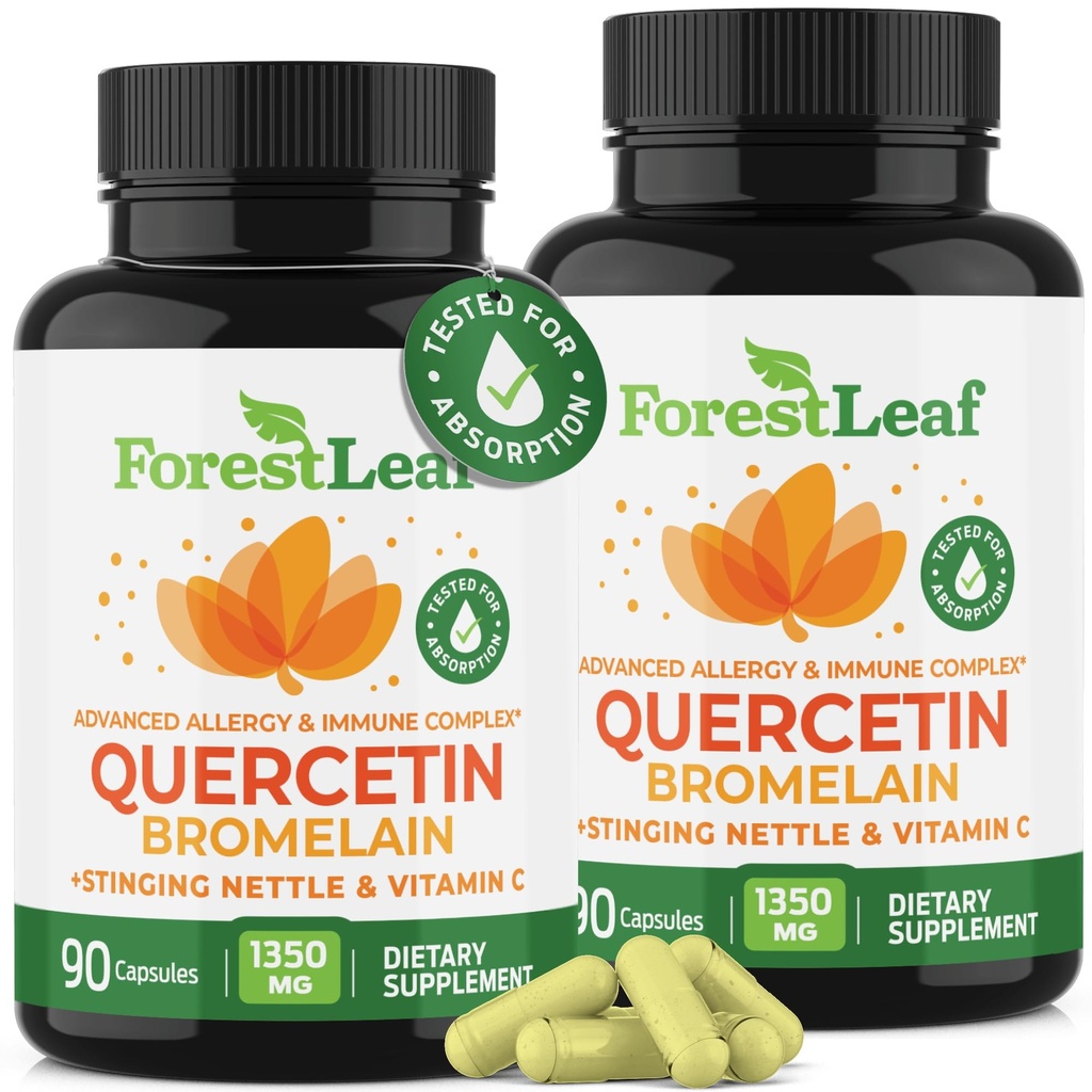 ForestLeaf Quercetina con bromelaina - 1350mg Blend with Vitamin C &amp; Stinging Nettle, Advanced Quercetin 500mg Suplemento, Non-GMO Gluten Free, Natural Immune & Respiratory Function 180 Veggie Capsules