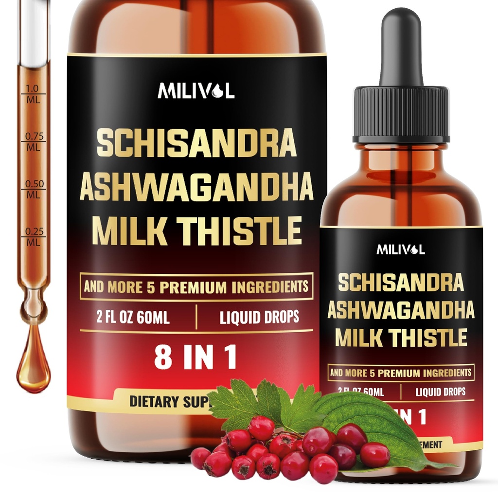 8in1 Schisandra Berry Drops with Milk Thistle, Ashwagandha, Rhodiola Rosea, Holy Basil, Artichoke, Dandelion Root & Turmeric Curcumin - 2 Fl Oz para 2 Month Supply