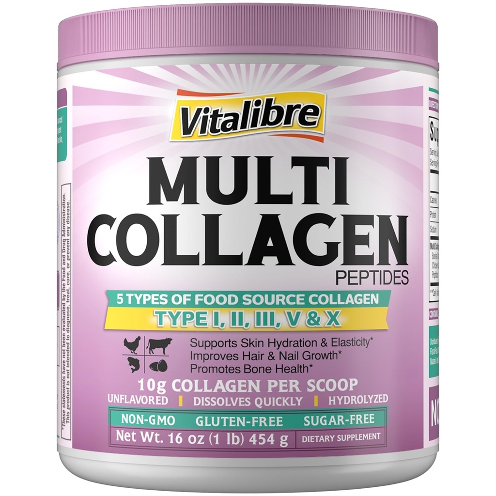 Multi Collagen Peptides Powder Tipo I II III V X, Proteína de Collagen Hidrolyzed para Mujeres y Hombres, Esquí, Pelo, uñas, Desarrollado, No GMO, Keto & GF, Azúcar Cero, 45 Servimientos, 16oz