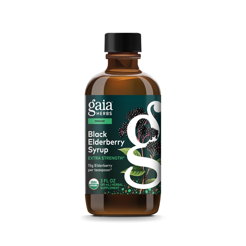 Gaia Herbs Black Elderberry Syrup - Made with Organic Black Elderberries (Sambucus nigra) for Immune System Support* - USDA Certified Organic Formula - 3 Fl Oz (About 18 to 71 Servings)