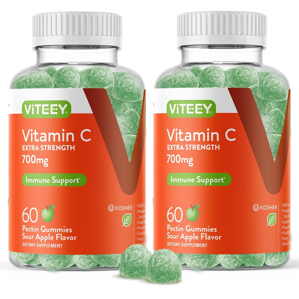 Viteey Chewable Vitamina C Gummies for Adults - 700mg Extra Strength Immune Support Suplemento - Vegan, Gluten Gratis - 120 Conde