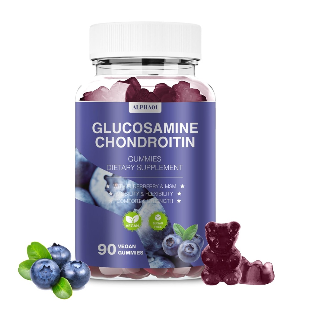 Glucosamine Chondroitin Gummies - 3000MG Extra Strength Joint Support Supplement with MSM & Elderberry, Flexibility, Antioxidant Immune Support Gummy for Adults, Men &amp; Women 90 Blueberry Gummies