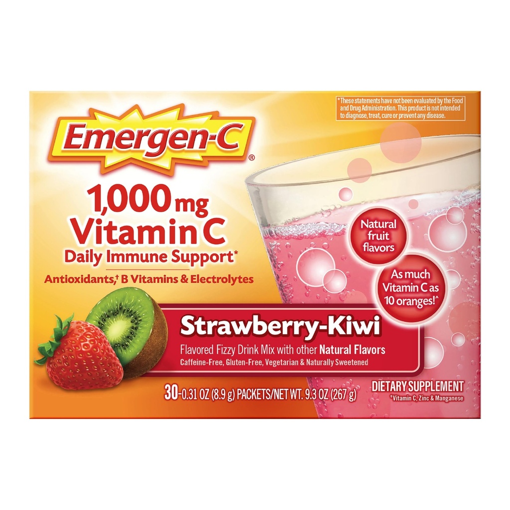 Emergen-C 1000mg Vitamina C Immune Support Powder Strawberry Kiwi 30CT incluye Zinc, Manganese, 7 B Vitaminas y Electrolitos para volver a la escuela esencial