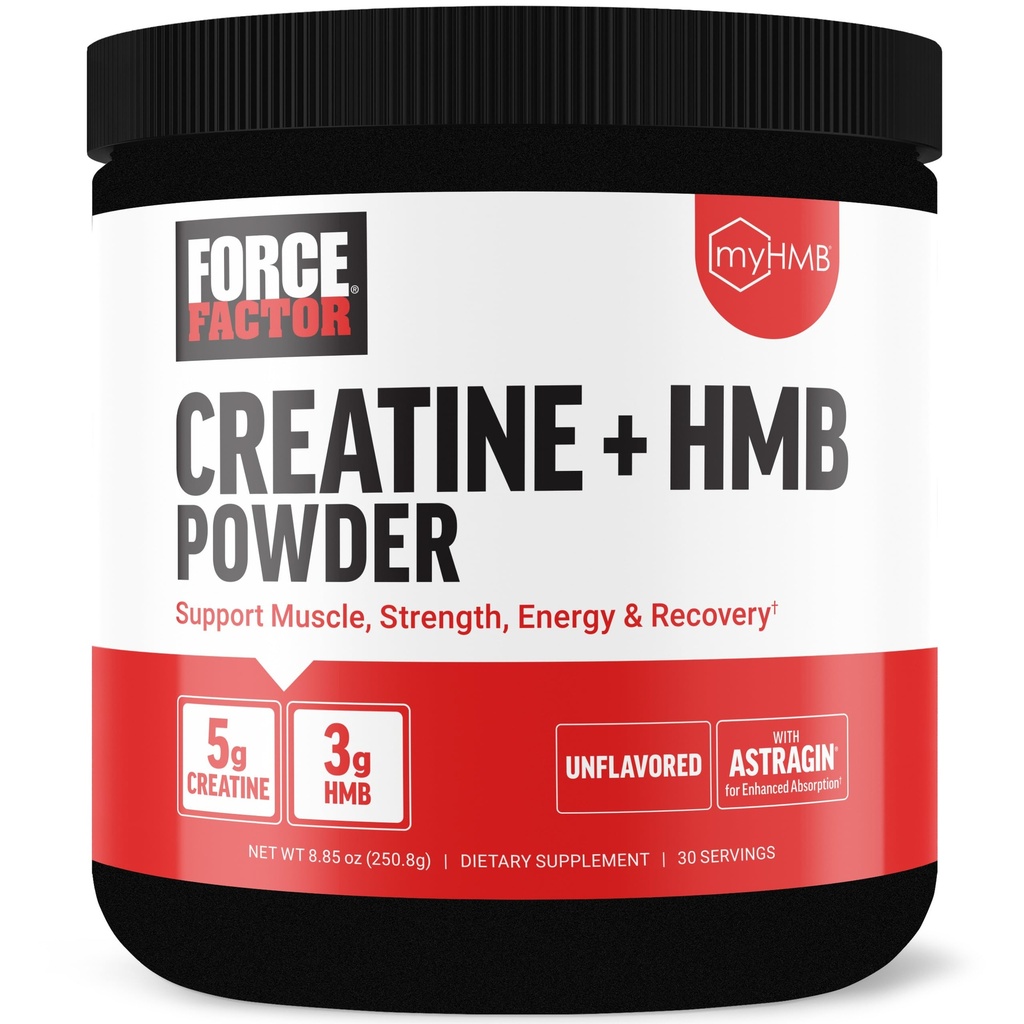 Factor de fuerza Cretina HMB Powder, 5g Cretina Monohydrate + 3g miHMB para el crecimiento muscular, fuerza, energía &amp; recuperación, con AstraGin para la absorción aumentada, desarmado, 30 servicios