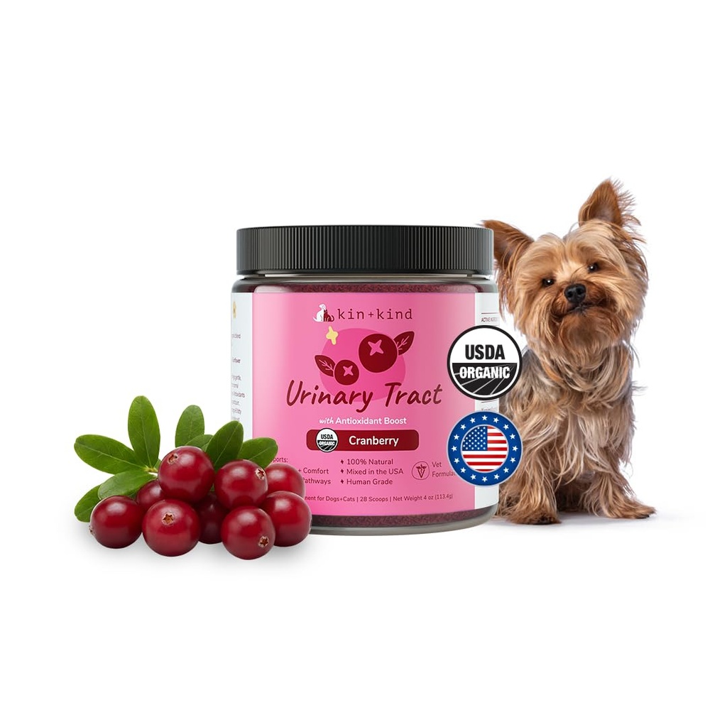 kin+kind Dog Supplement Powder - Suplemento para perros &amp; gatos para la inmunidad saludable - Soporte de la vejiga - Fórmula natural con arándano orgánico, arándano y coco - Hecho en EE.UU. - 4 oz (Medio)
