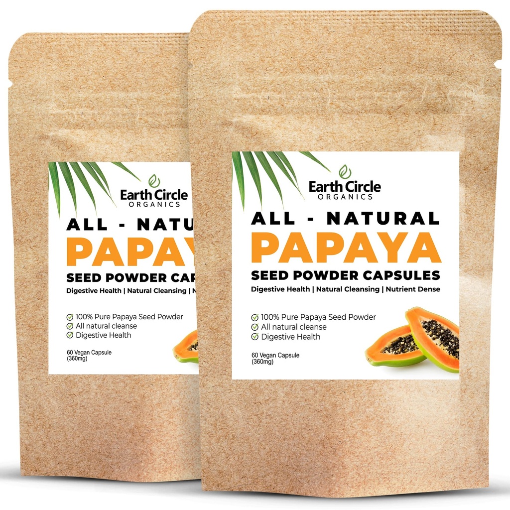 Papaya Seed Powder Capsules – Powerful Papain Supplement with Vitamins A, C, " E " Enzymes for Digestion " Gut Health – 360mg/Serving – 60 Vegan Capsules per Pack (Pack of 2, 60-120 Day Supply)