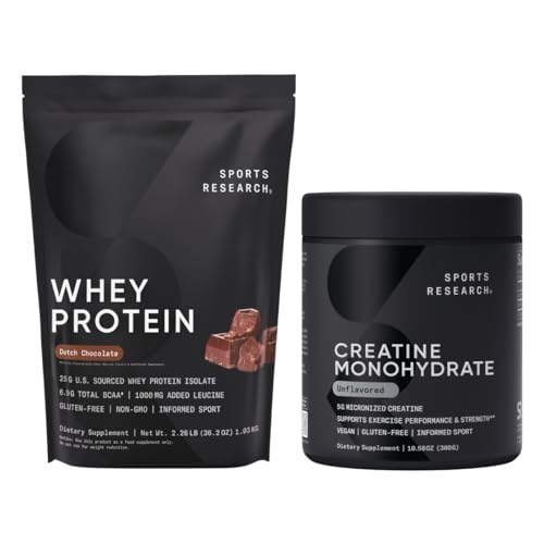 Sports Research® Creatine Monohydrate (10.58 oz) y Dutch Chocolate Whey Protein (2 lbs), The Dynamic Duo for Lean Muscle Building, Improved Performance and Strength & Workout Recovery