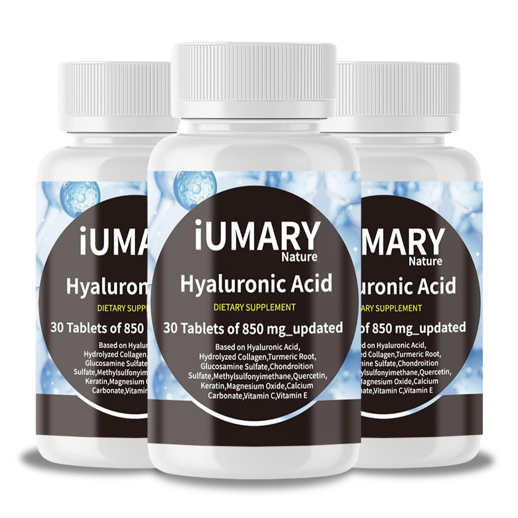Suplementos de ácido hialurónico, 850 mg Acido dietético hialurónico alto biodisponible - Soporte conjunto avanzado con colágeno hidrolizado, Turmérico, Glu-cosamina, MSM, vitamina C – 30 Tabletas(Pack of 3)