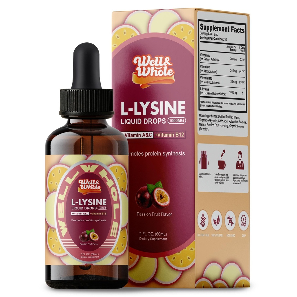 L-Lysine Supplement Liquid Drops TEN L-Lysine 1000mg Tintura con Vitamina A, C y B12 para Adultos &amp; Niños Silenciosos Apoyo, Skin &amp; Lips Salud, Sintesis de Collagen ← Non-GMO, Vegan, 2 Fl Oz (60 ML)