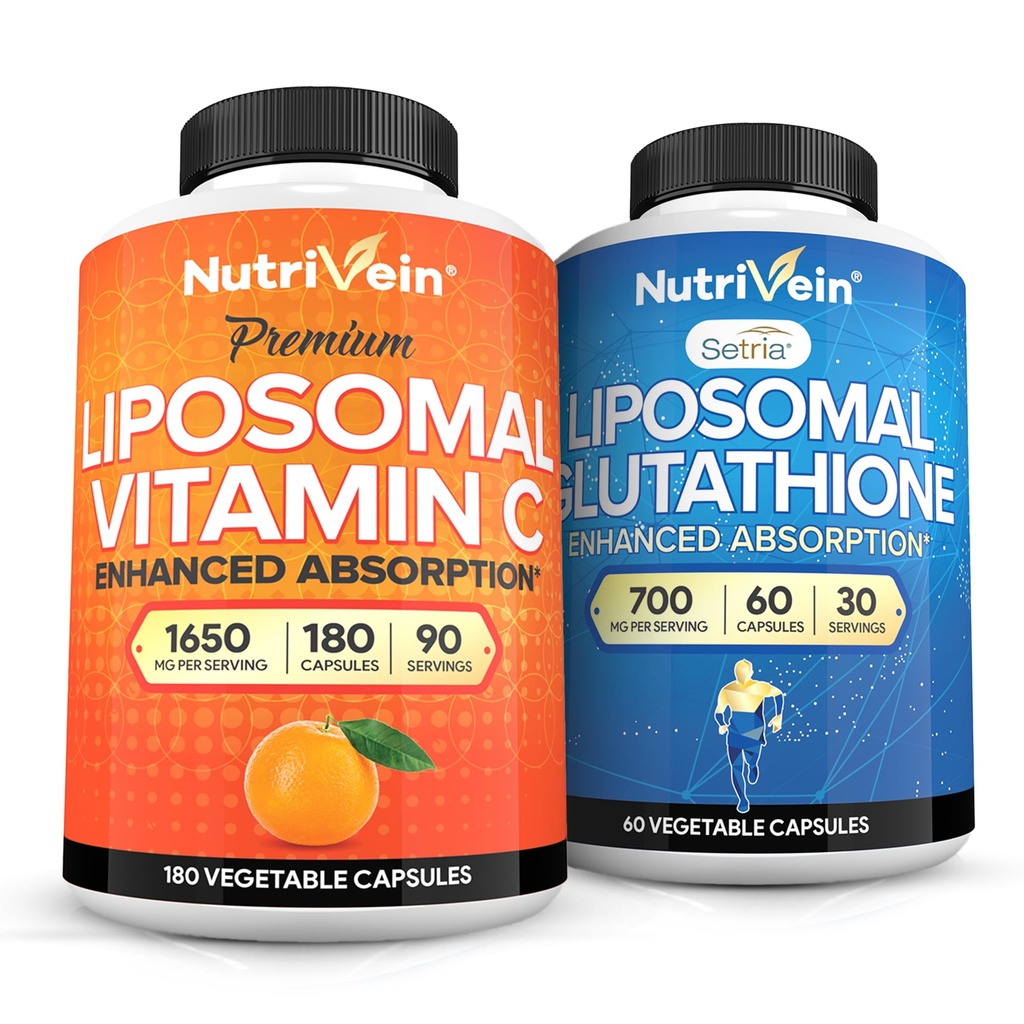 Nutrivein Premium Liposomal Vitamina C 1650mg & Liposomal Glutathione Bundle - Alta Absorción Ascorbic Acid Plus Master Antioxidant &amp; Liver Cleanse - Non-GMO, Vegan/Vegetarian - 180 + 60 cápsulas