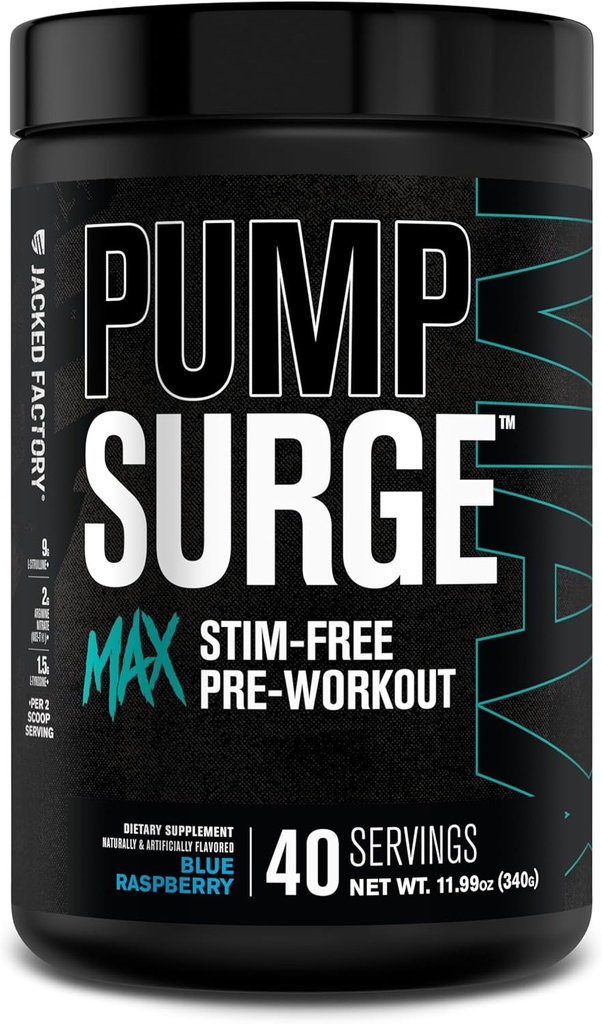 Bomba de fábrica de Jacked Max Stim Free Pre Workout - Caffeine de alto rendimiento libre Pre Workout con L-Citrulline, N03-T Arginine Nitrate & Glutathione - 40 Servings, Blue Raspberry