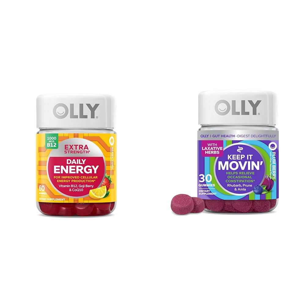 OLLY Extra Strength Daily Energy Gummy with Vitamin B12, CoQ10, Goji Berry, 60 Conde " Mantenerlo Moving Constipation Relief Gummy with Rhubarb, Prunes, Amla, 30 Conde