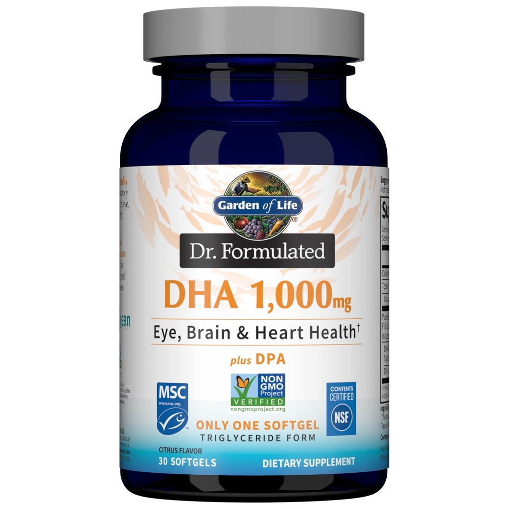 Jardín de la vida Dr. Formulado DHA 1000mg Fish Oil - Lemon, Once Daily 1000mg DHA + DPA en forma de triglicéridos, Single Source Omega 3 Suplemento para ojo final, cerebro y salud cardíaca, 30 Softgels