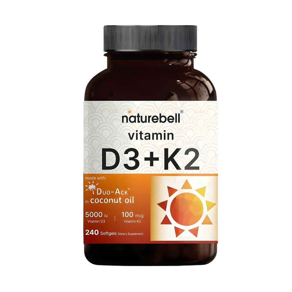 NatureBell Vitamin D3 5,000 UI + K2 100 mcg, 240 Softgels  Daily 2-in-1 Fórmula con Virgin Coconut Oil ANTE Bone, Heart &amp; Immune Support ← MK-7 Form confidencialidad Non-GMO, Gluten-Free