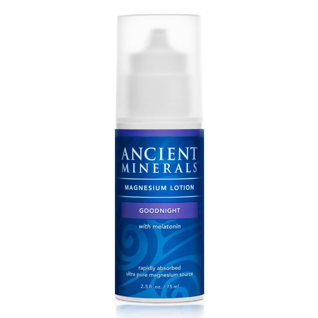 Minerales antiguos Loción de magnesio La crema de noche de Goodnight contiene melatonina con cloruro de magnesio y OptiMSM una loción hidratante de noche (2.5oz)